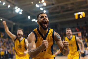 Basketball Player Celebrates Buzzer-Beater Victory with Teammates
