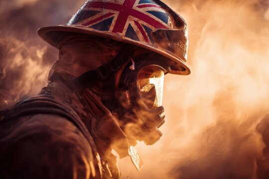 British Firefighter Emerging from Flames with Union Jack Helmet