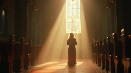 A quiet moment of contemplation in a chapel bathed in ethereal light. Dust particles float in the air as a beam of sunlight breaks through a stained-glass window, illuminating a solitary figure in pra