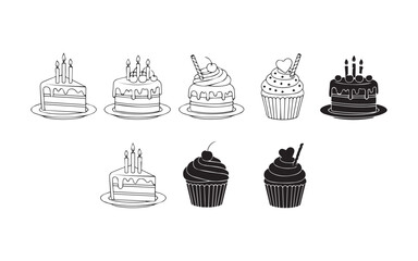 Black and white birthday cake celebration illustration