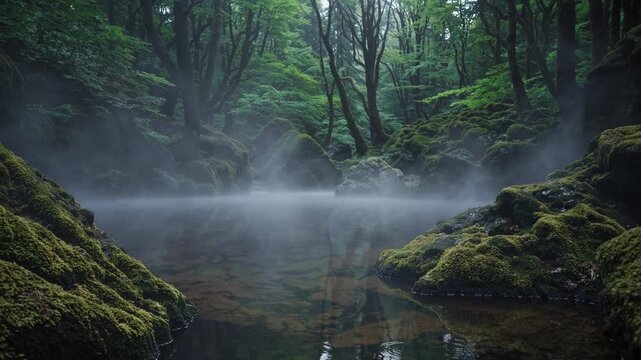 Foggy Forest Hot Spring with Gentle Ripples