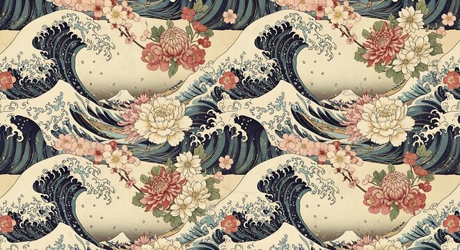 A repeating pattern featuring stylized ocean waves and delicate floral arrangements. The art style evokes classic Japanese aesthetics, with an aged paper effect - Powered by Adobe