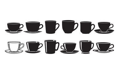 Black and white coffee cup drinkware icon set