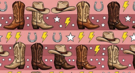 A repeating pattern featuring various cowboy boots, hats, horseshoes, stars, and lightning bolts on a pink striped background