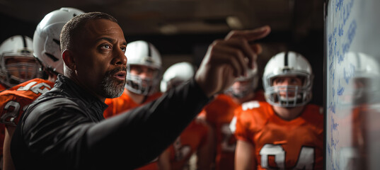 Football Coach Strategizing with Team in Locker Room Intensity