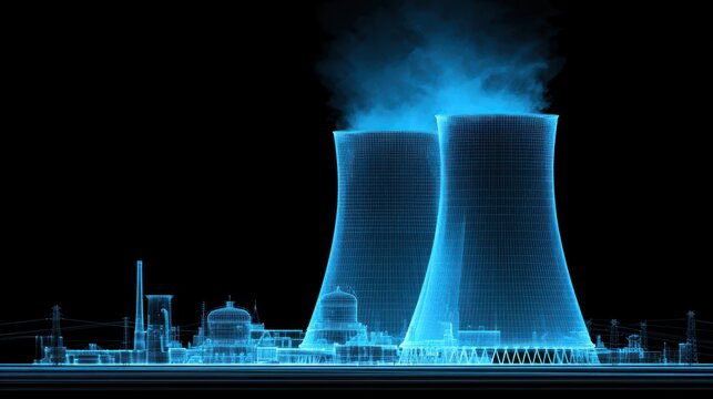 Modern Nuclear Power Plant Illustration in Blue with Cooling Towers and Steam Rising against Black Background Clean Energy Concept