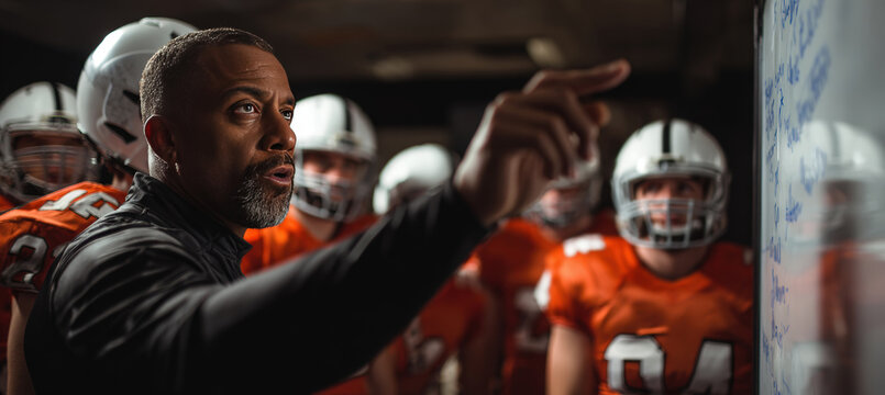 Football Coach Strategizing with Team in Locker Room Intensity