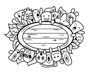 Hand drawn wooden title board line art with doodle characters