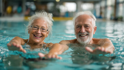 Joyful Elderly Couple Enjoying Aqua Stretching in Wellness Center Pool