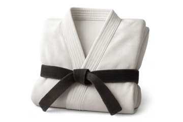 White martial arts gi folded with a black belt, symbolizing discipline, mastery, and professional achievement