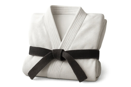 White martial arts gi folded with a black belt, symbolizing discipline, mastery, and professional achievement