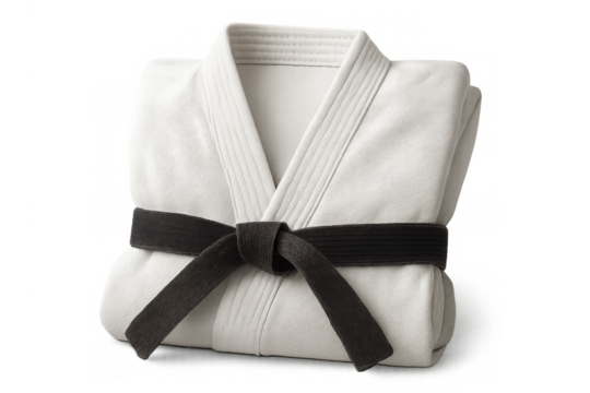 White martial arts gi folded with a black belt, symbolizing discipline, mastery, and professional achievement