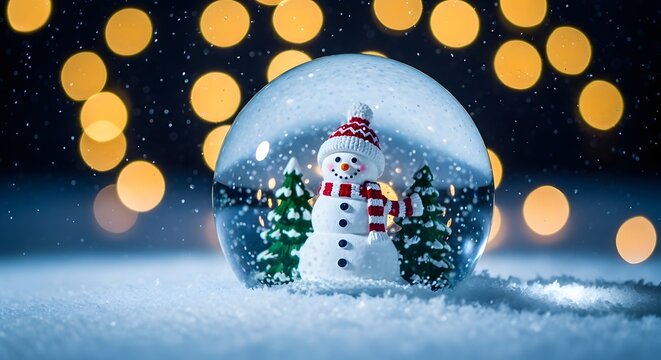 A beautiful snow globe with a happy snowman, red hat, and scarf, surrounded by pine trees, on a snowy ground with sparkling golden bokeh lights