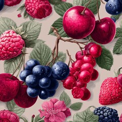 seamless pattern of fresh berries and apples