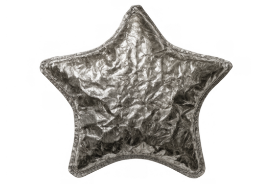 Silver crumpled foil star shape on transparent background, reflecting light, representing holidays, celebration, and success - Powered by Adobe