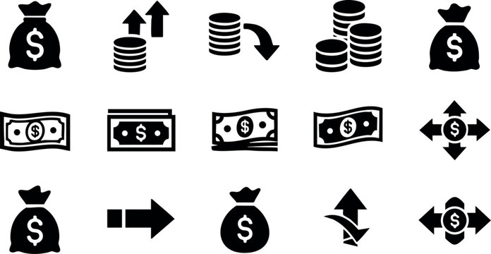 Money bag coin stack cash arrow finance business currency icon set vector illustration