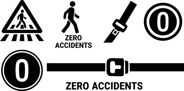 Safety icons set including pedestrian crossing zero accidents seatbelt buckle vector illustration