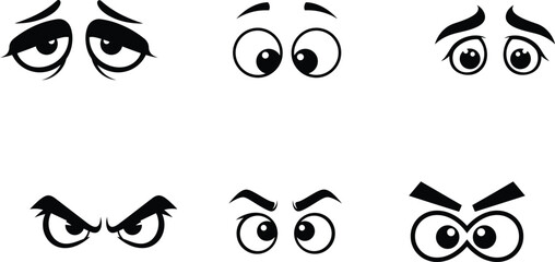 Cartoon Eyes with Varied Expressions Depicting Emotions and Moods for Design Projects and Illustrations Black and White Vector Collection