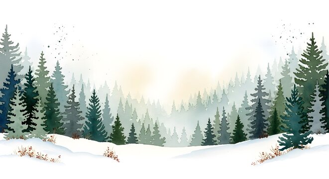 Winter forest landscape with snowcovered evergreen trees and a soft, misty background, evoking a calm and peaceful natural environment, isolated on white background
