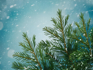 Close up of a snow dusted evergreen tree branch with subtle bokeh lights evoking a serene winter holiday atmosphere