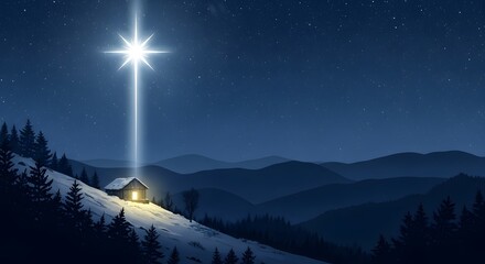 The star of bethlehem shines over a stable in a snowy mountain landscape at night, symbolizing the nativity and the peaceful spirit of christmas