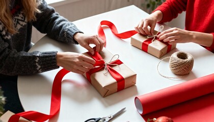 Two people wrapping Christmas gifts with red ribbon and twine on a white table. Hands of women in sweaters preparing holiday presents with brown kraft paper.