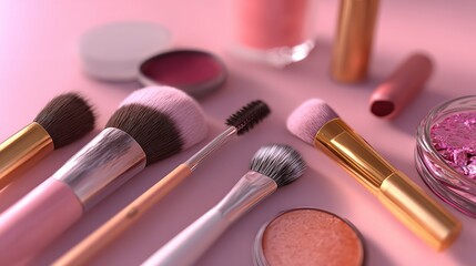 A photo of a set of makeup brushes and cosmetics placed together