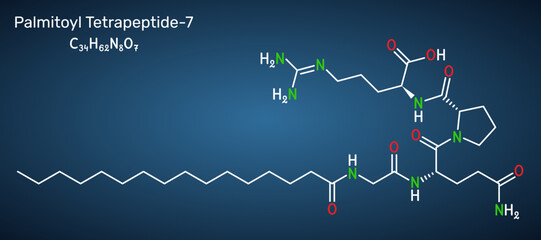 Palmitoyl tetrapeptide-7, palmitoyl-GQPR anti-aging cosmetic peptide. Skeletal chemical formula. Dark blue background. Vector illustration