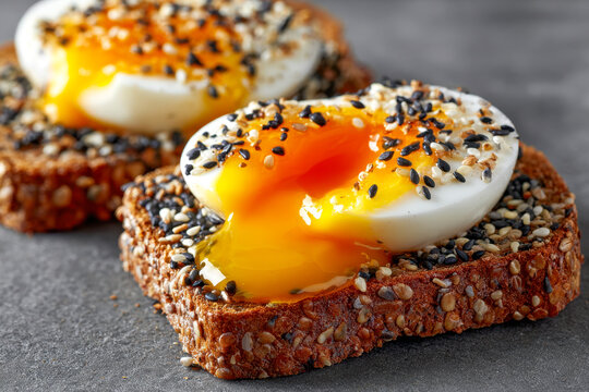 Soft boiled eggs topped with black and white sesame seeds served on multigrain seed bread with a rich runny yolk for a healthy breakfast option - Powered by Adobe