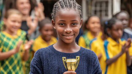 Young Girl Celebrates Victory with Trophy and Clapping Teammates