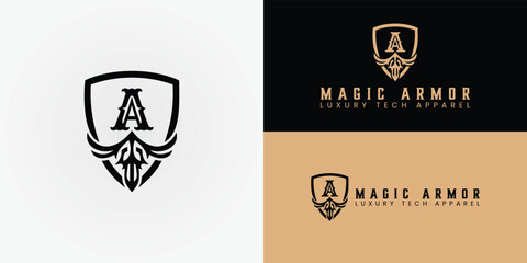 A classic shield bearing an ornate A symbolizes Magic Armor's blend of protective strength and luxurious style. This elegant, heraldic design draws inspiration from medieval armor and French couture.