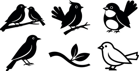 Fototapeta premium Black silhouette birds sitting and flying with branch vector illustration simple design