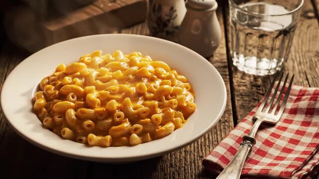 Bowl of creamy macaroni and cheese close up shot