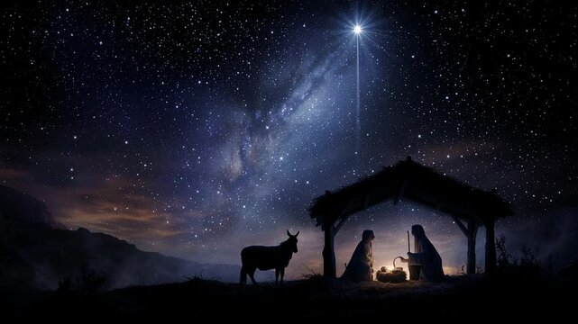 Nativity scene, Christian Christmas concept, Birth of Jesus Christ. Family with holy child in barn in dark blue night.