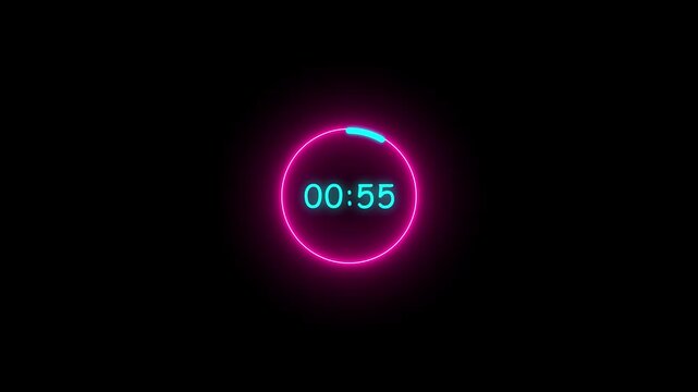 1-minute digital neon circle countdowns on black screen. countdown animation from 60 to 0 Modern flat design with glowing neon circle timer. 