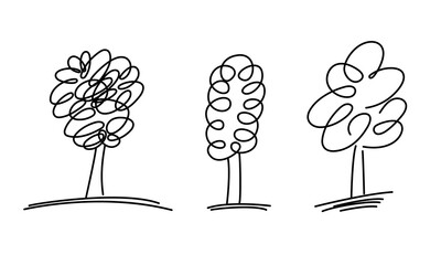 Trees. Set of deciduous trees in line art style. Vector illustration of a tree in a single continuous line drawing.