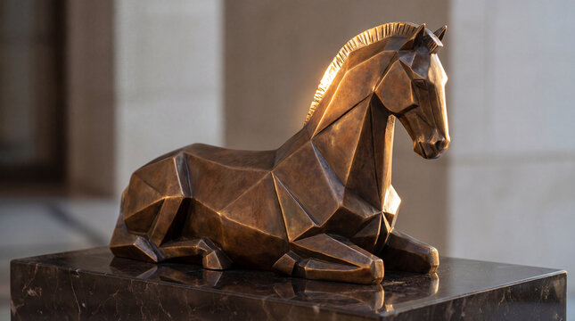 Abstract Low Poly Bronze Horse Sculpture on Black Marble Base - Powered by Adobe