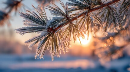 Winter landscape with snow covered pine needles and warm sunlight shining through branches creating a seasonal backdrop