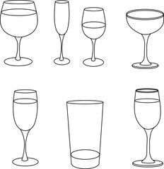 Drink Glasses Vector Outline Set – Wine Glass, Champagne Flute, Cocktail Glass, Beer Glass, Bar Icons, Beverage Line Art for Party, Christmas, New Year, Holiday Designs	