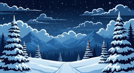 Pixel art winter night scene with snowcovered pine trees, majestic mountains, a winding path, and a starry sky with soft clouds