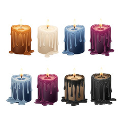 Collection of colorful melting wax candles isolated on transparent background