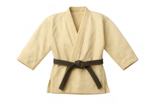 Judo or martial arts uniform, gi top with a black belt, representing discipline, training, and achievement on transparent background
