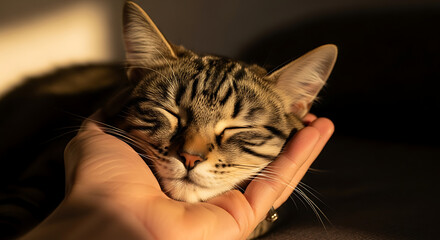 Close up of a hand gently caressing a tabby cats head in warm sunlight.