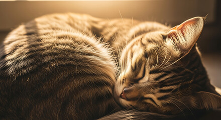 Close up of a sleeping tabby cat curled up in warm sunlight.