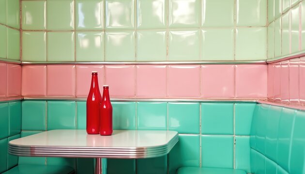 Retro diner interior with red bottles on table. Pastel walls add to nostalgic aesthetic. Restaurant decor evokes vintage charm. Clean design ideal for branding. Food and beverage industry concept.
