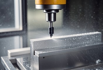 CNC machine cuts metal with coolant sprays over the workpiece during precise milling.
