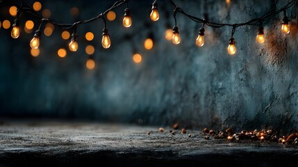Warm string bulbs hanging over a dark textured wall with bokeh, empty concrete tabletop and cozy festive mood rustic loft background with copy space.
