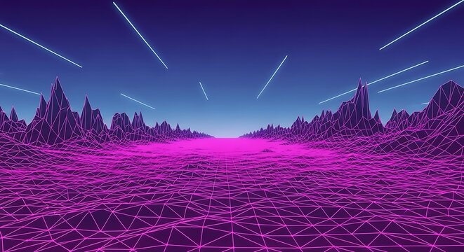 A retro-futuristic landscape presents a wireframe terrain with a gradient blue to purple sky and streaks of light. A cool, vibrant aesthetic