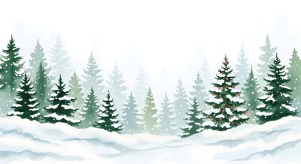 Fototapeta premium Watercolor illustration of a serene winter forest landscape with snowcovered pine trees and a misty background, ideal for holiday designs, isolated on white background
