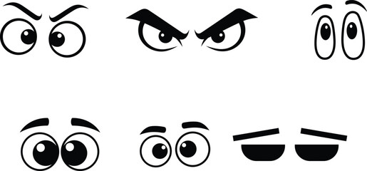 Expressive eyes cartoons in diverse emotional states conveying feelings of anger surprise sadness and focus for various character designs and animated content development